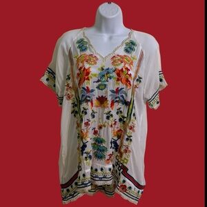 Johnny Was Women's Colorful Embroidered Floral White Top SMALL Birds of Paradise